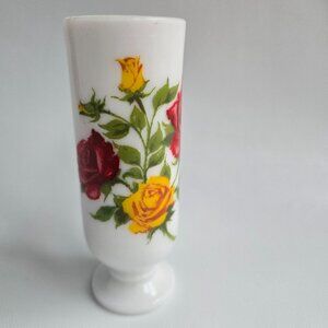 Vintage Milk Glass Mug With Red & Yellow Rose Design Pedestal Base 5.5 Inches Ta